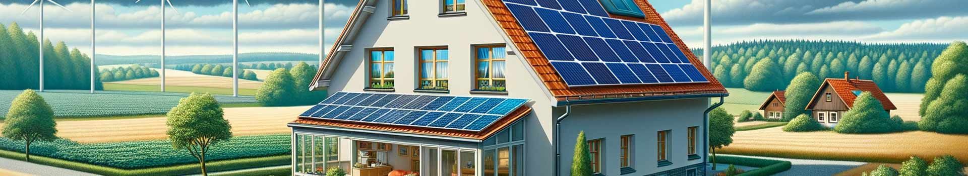 Illustration eines Wohnhauses mit Solarmodulen auf Haus und Wintergarten