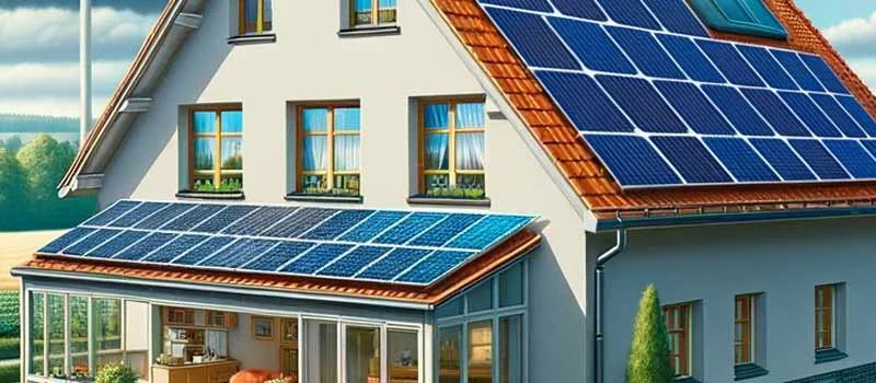Illustration eines Wohnhauses mit Solarmodulen auf Haus und Wintergarten