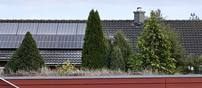 Solarmodule auf dem Dach eines Wohnhauses hinter Bäumen
