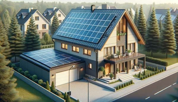 Illustration eines Hauses mit Solarmodulen auf Haus- und Garagendach
