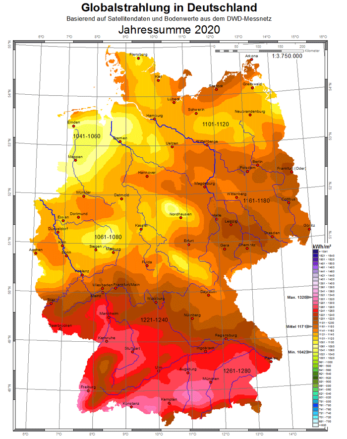 DWD-Karte der Globalstrahlung in Deutschland für das historische Jahr 2020