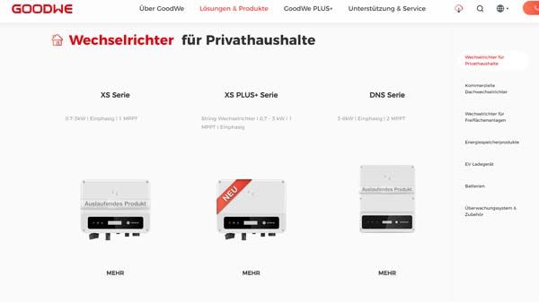 Archivierte GoodWe-Website mit XS-, XS-Plus- und DNS-Netzwechselrichtern