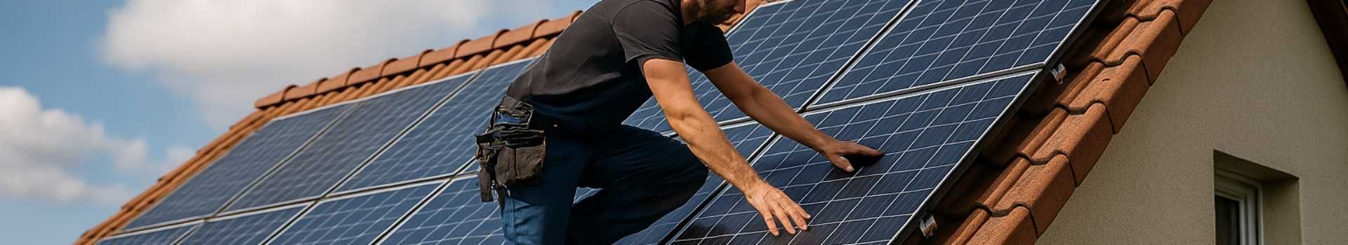 Handwerker bei der Montage von Solarmodulen auf einem Dach