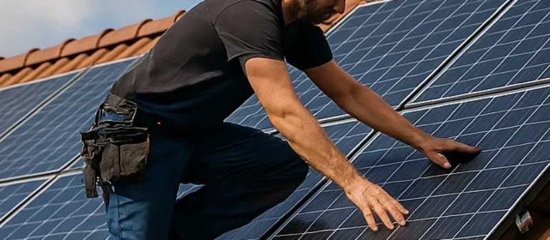 Handwerker bei der Montage von Solarmodulen auf einem Dach