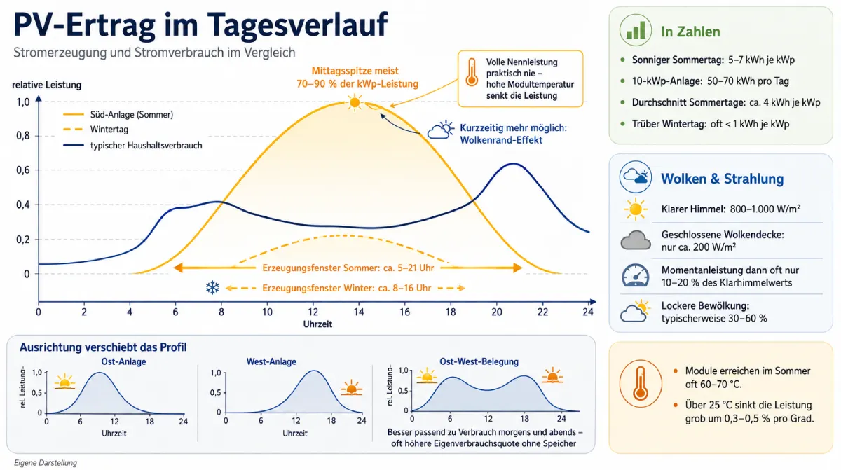 PV-Ertrag im Tagesverlauf mit Sommer- und Winterkurve, Haushaltsverbrauch und Profilen für Ost-, West- und Ost-West-Anlagen