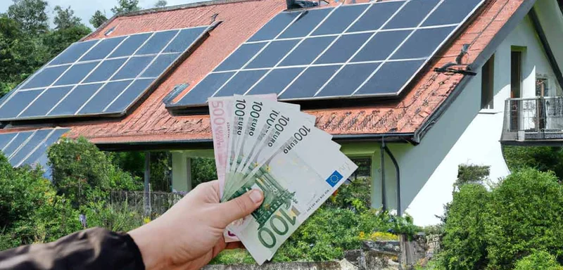 Symbolbild zu PV-Kosten: Geldscheine vor einem Haus mit Solarmodulen