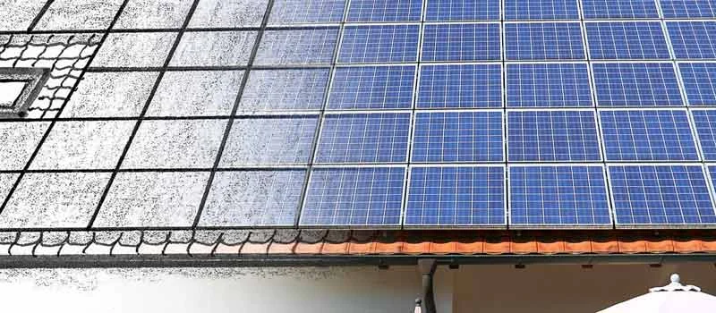 Dachzeichnung mit Übergang zu einer installierten Photovoltaik-Anlage
