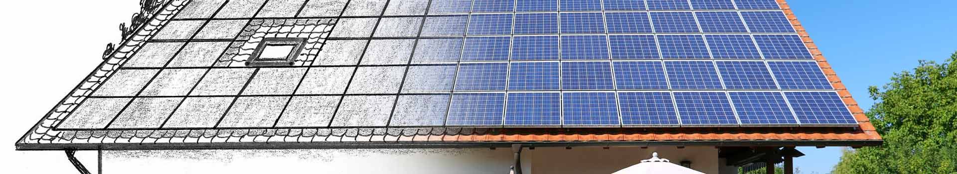 Dachzeichnung mit Übergang zu einer installierten Photovoltaik-Anlage