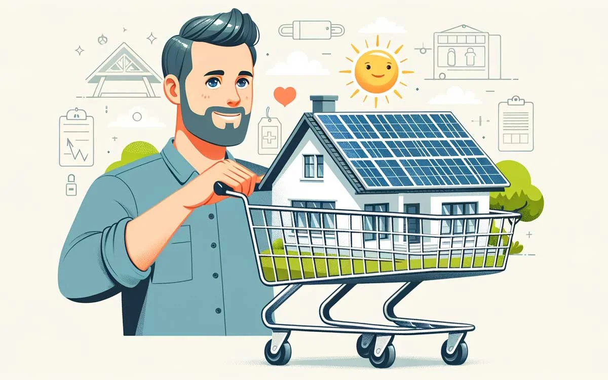 Mann mit PV-Anlage im Einkaufswagen - Photovoltaik-Anlage kaufen mit Montage