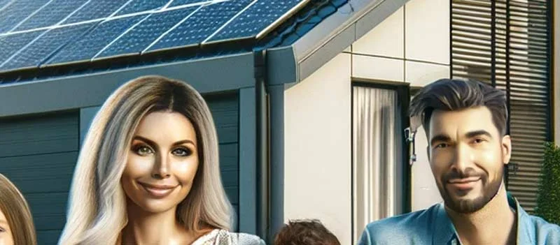 Symbolbild einer Familie vor einem Haus mit Solarmodulen