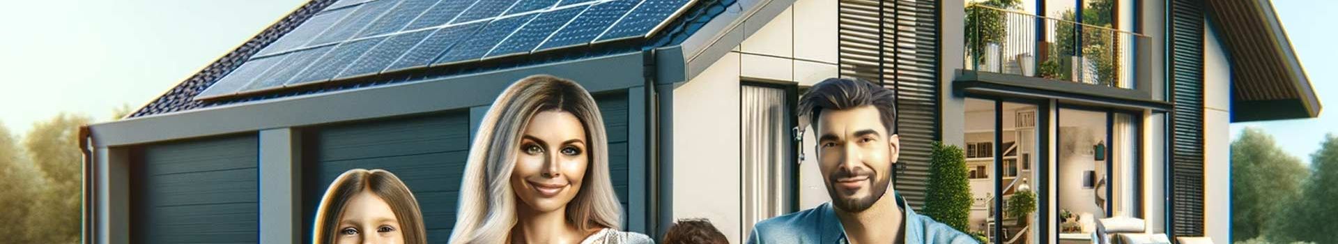 Symbolbild einer Familie vor einem Haus mit Solarmodulen
