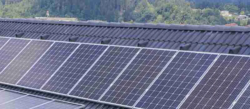 Photovoltaikmodule auf einem Hausdach in ländlicher Umgebung
