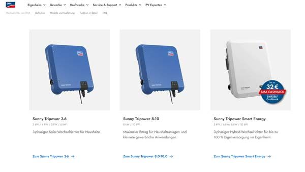 Archivierte SMA-Website mit Sunny-Tripower-Wechselrichtern