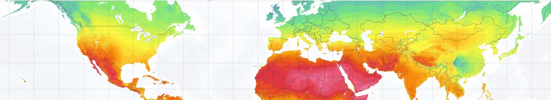 Ausschnitt einer Weltkarte mit farblich dargestellter horizontaler Globalstrahlung