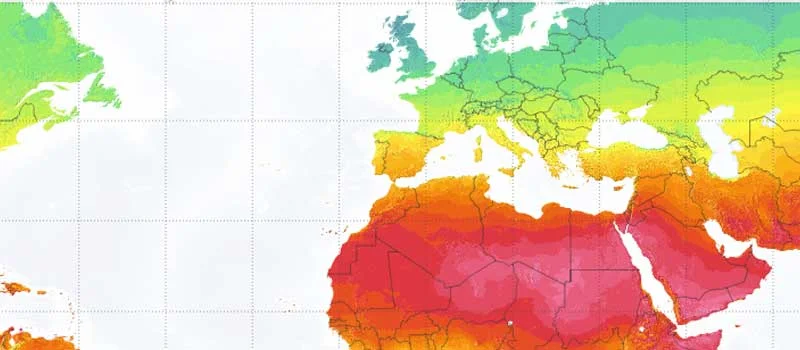 Ausschnitt einer Weltkarte mit farblich dargestellter horizontaler Globalstrahlung