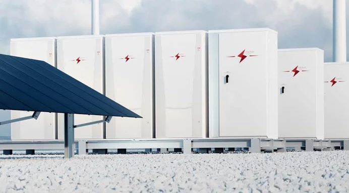 Symbolbild mit mehreren Speichergehäusen neben Solarmodulen