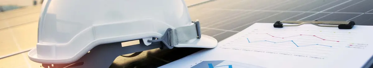 Schutzhelm und ausgedruckte Diagramme auf Solarmodulen