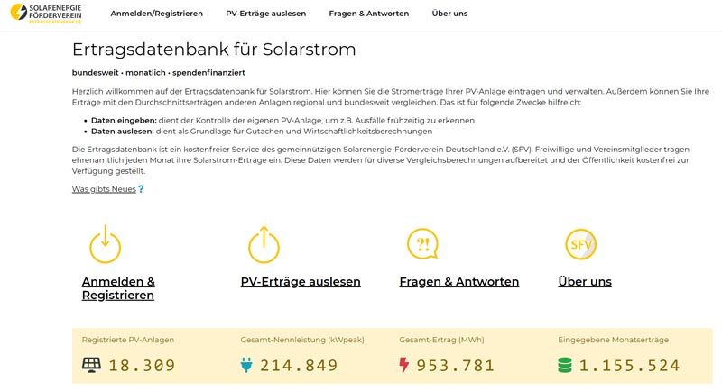 Ältere Startseitenansicht der SFV-Ertragsdatenbank mit Navigation und damaligen Bestandszahlen