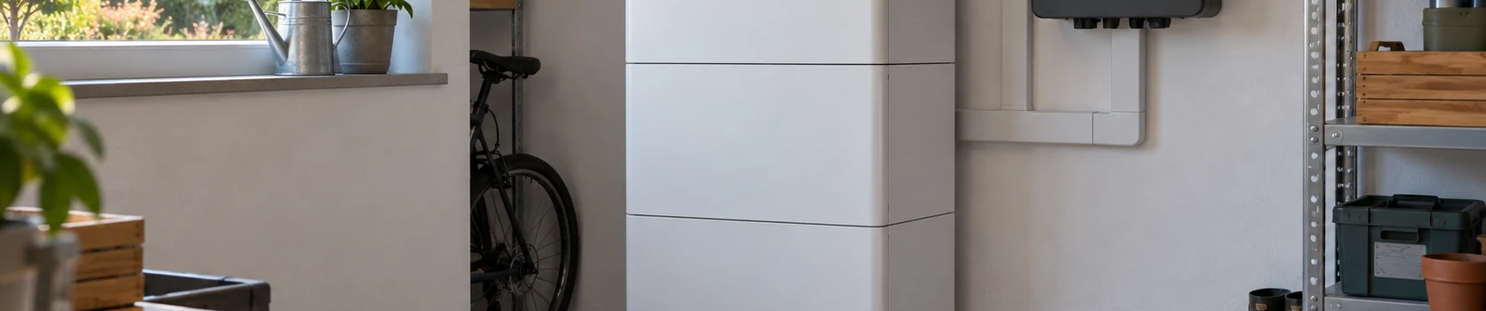 Heimspeicher im Hauswirtschaftsraum mit Taschenrechner und Notizbuch im Vordergrund