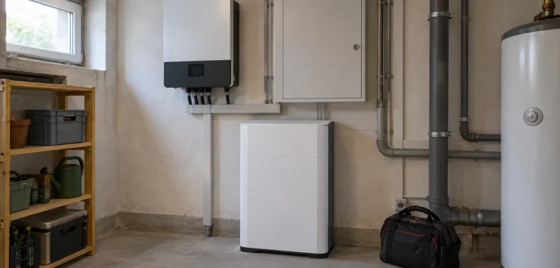 Nachgerüsteter Heimspeicher neben Wechselrichter im Hauswirtschaftsraum