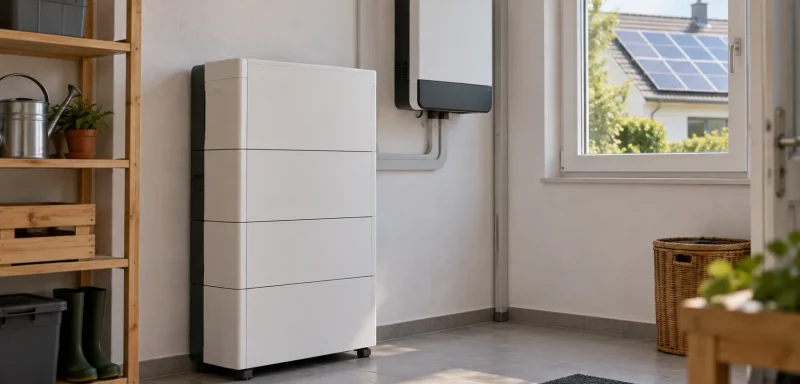 Heimspeicher im Hauswirtschaftsraum mit Blick auf ein Solardach