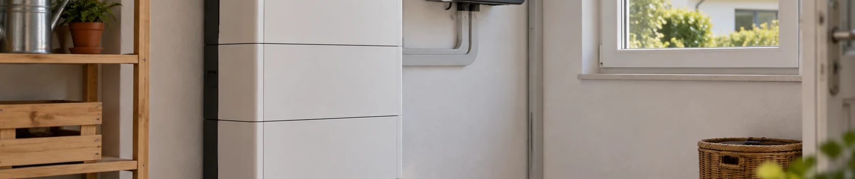 Heimspeicher im Hauswirtschaftsraum mit Blick auf ein Solardach