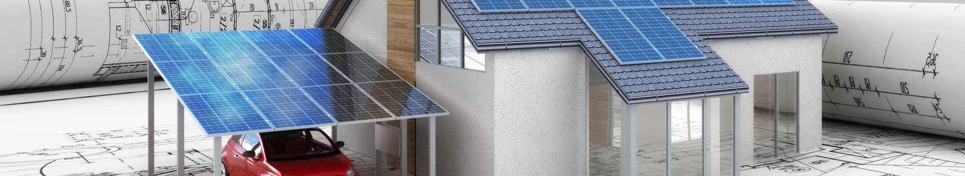 Illustration eines Hauses und Carports mit Solarmodulen und einem Auto