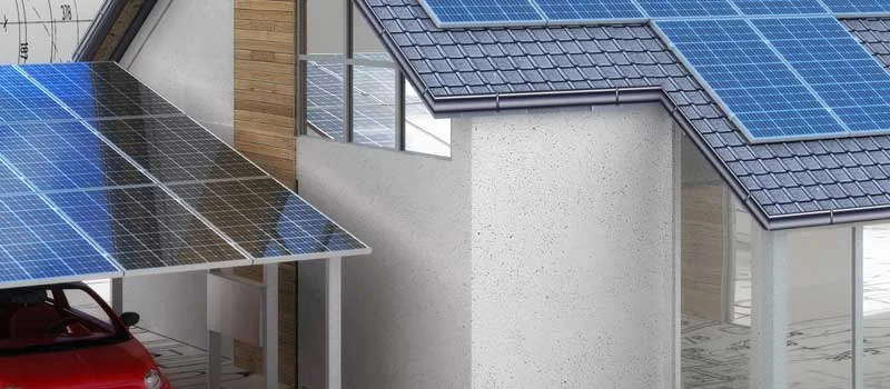 Illustration eines Hauses und Carports mit Solarmodulen und einem Auto